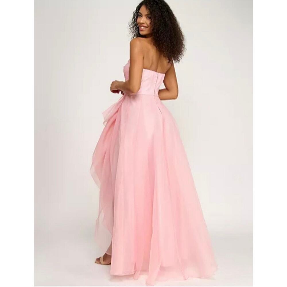 B. darlin Organza Strapless Shirred Bodice Cascade Ruffle Long Dress pink - Picture 4 of 7